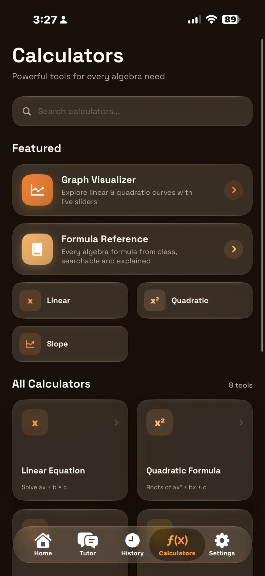 Calculators hub screen in dark mode