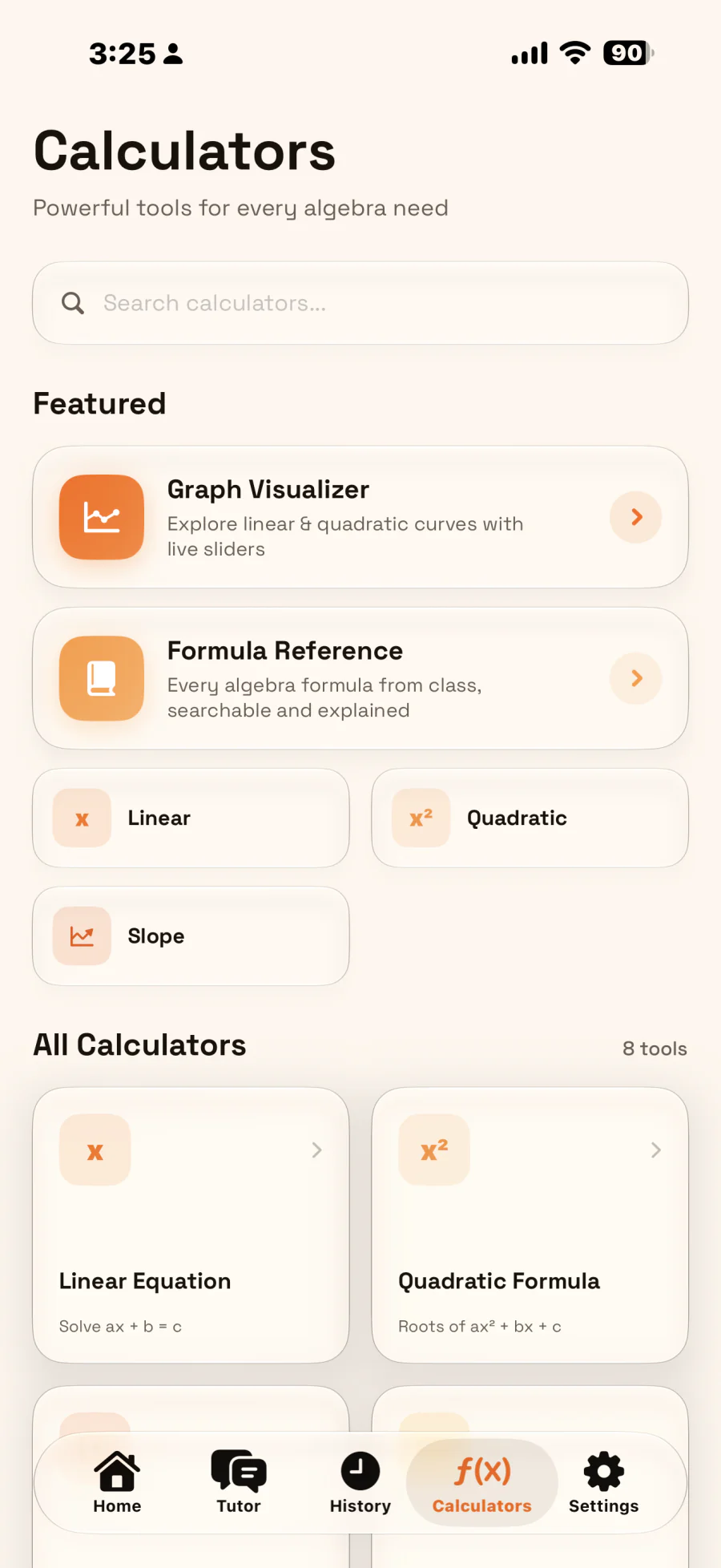 Calculators hub screen
