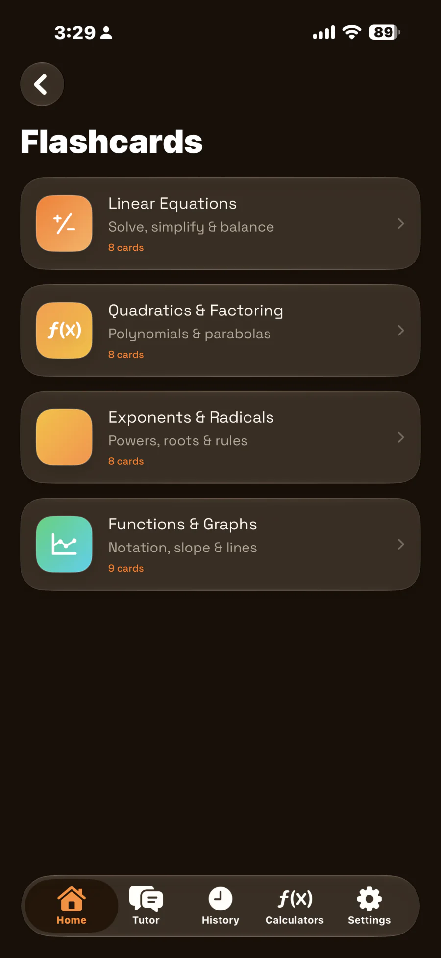 Flashcards screen in dark mode