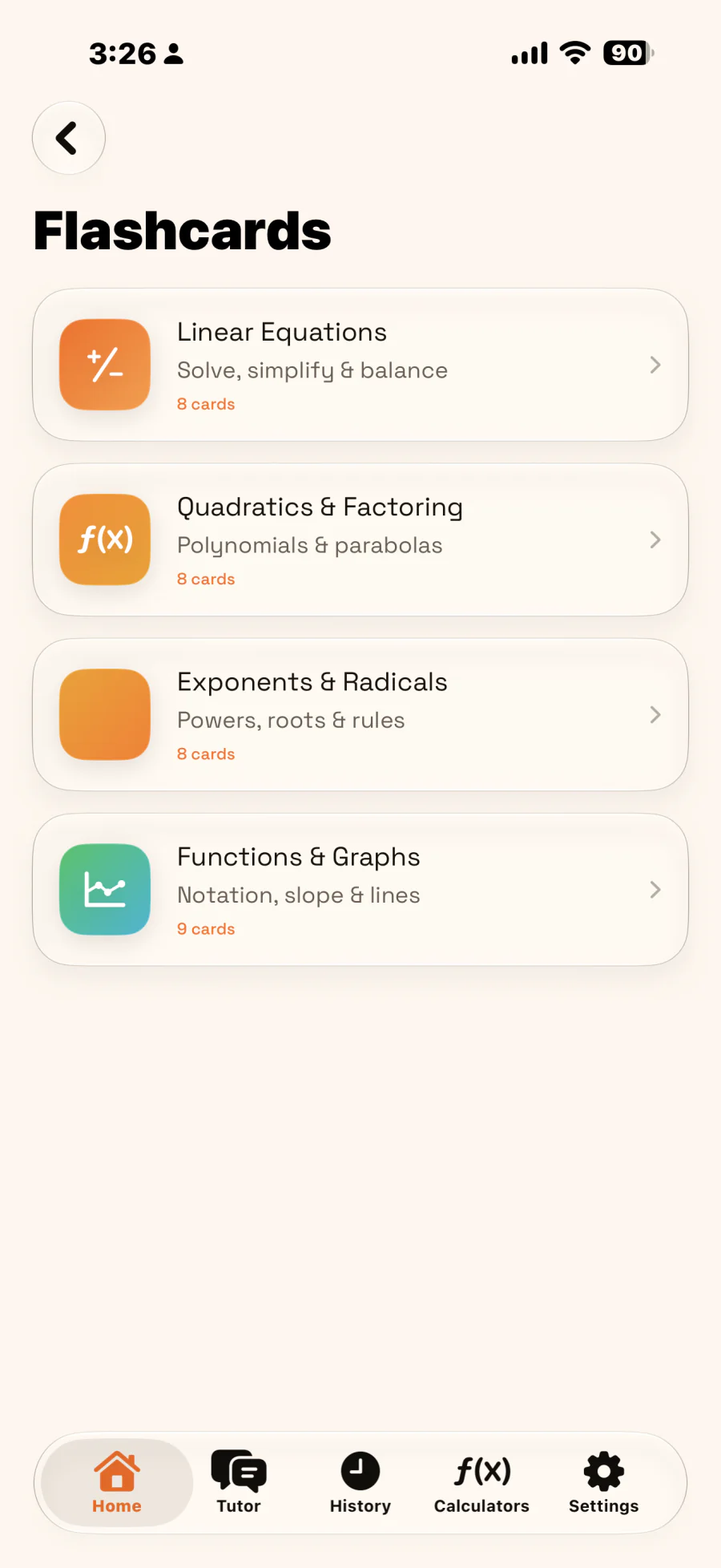 Flashcards screen