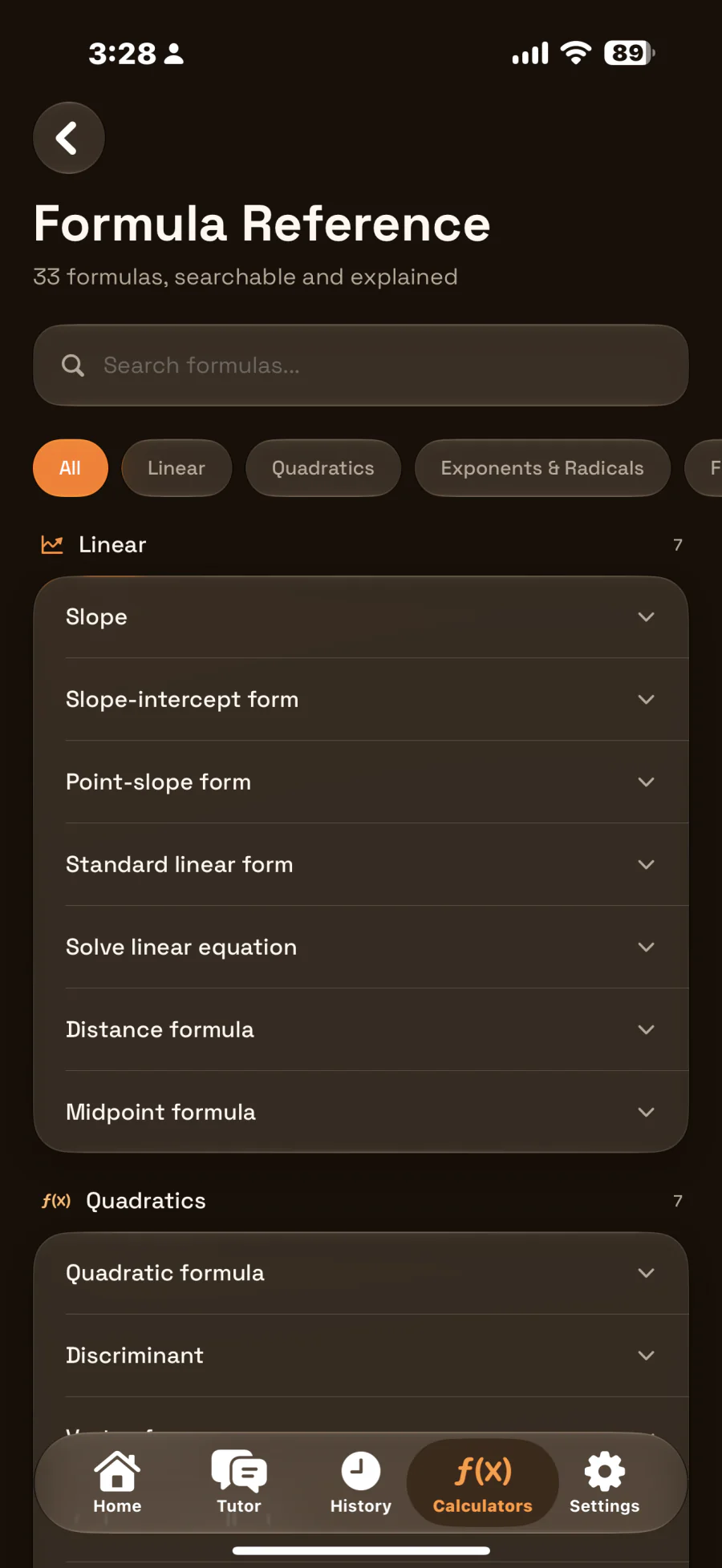 Formula reference screen in dark mode