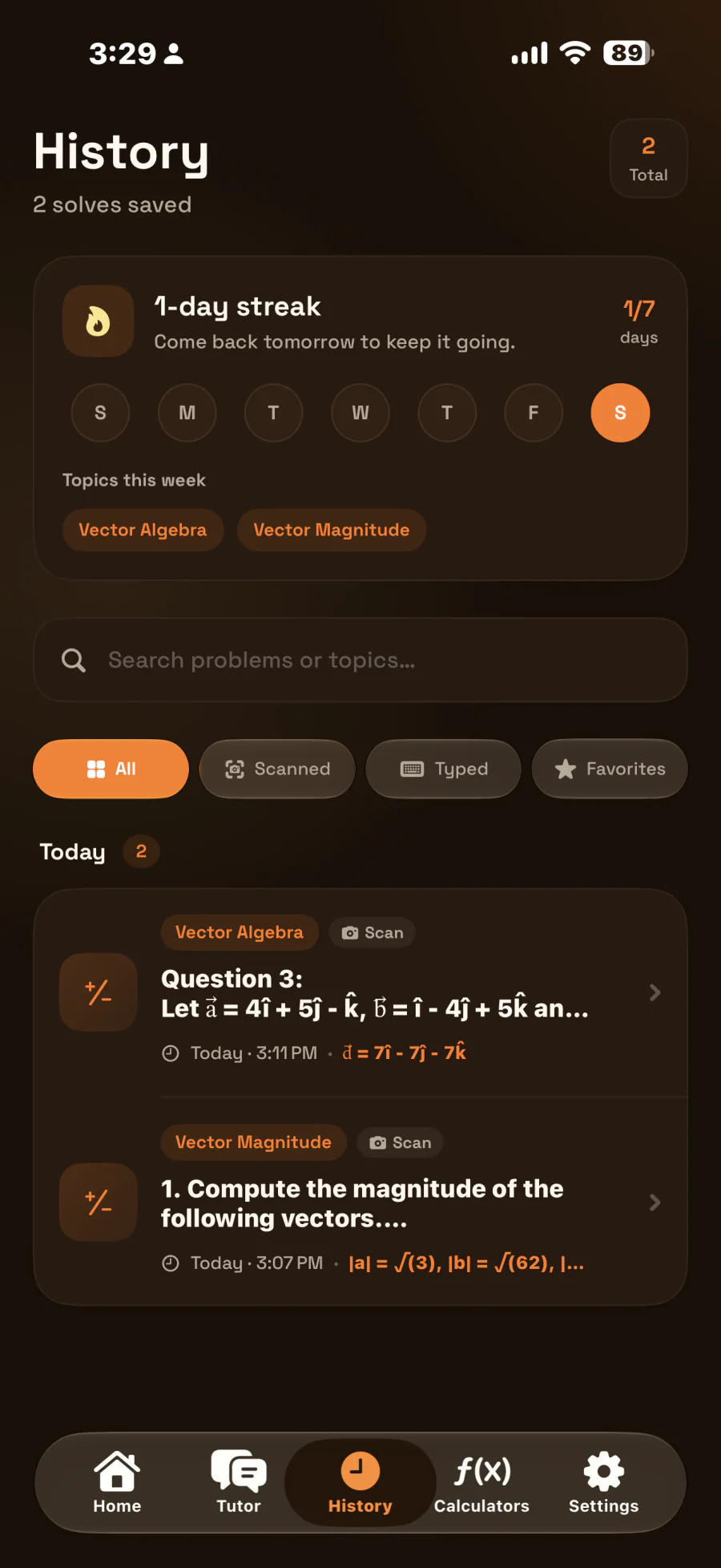 History screen in dark mode