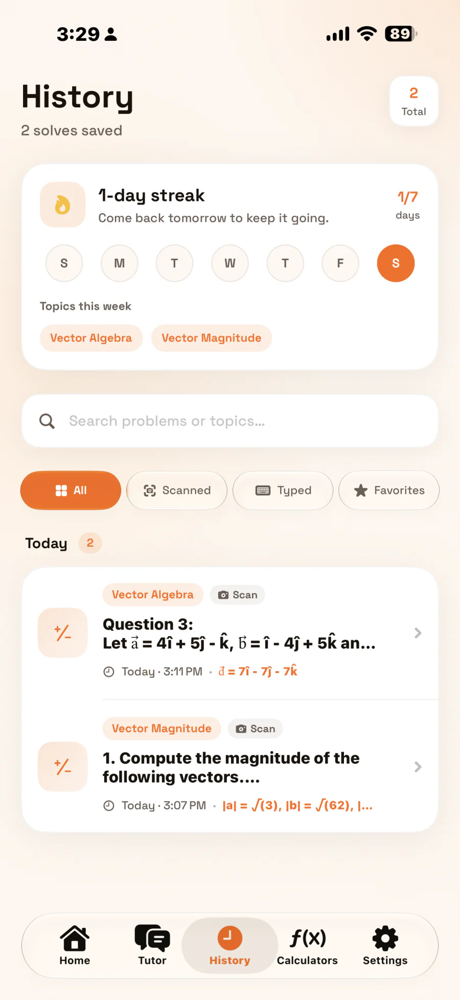 History screen with saved solves