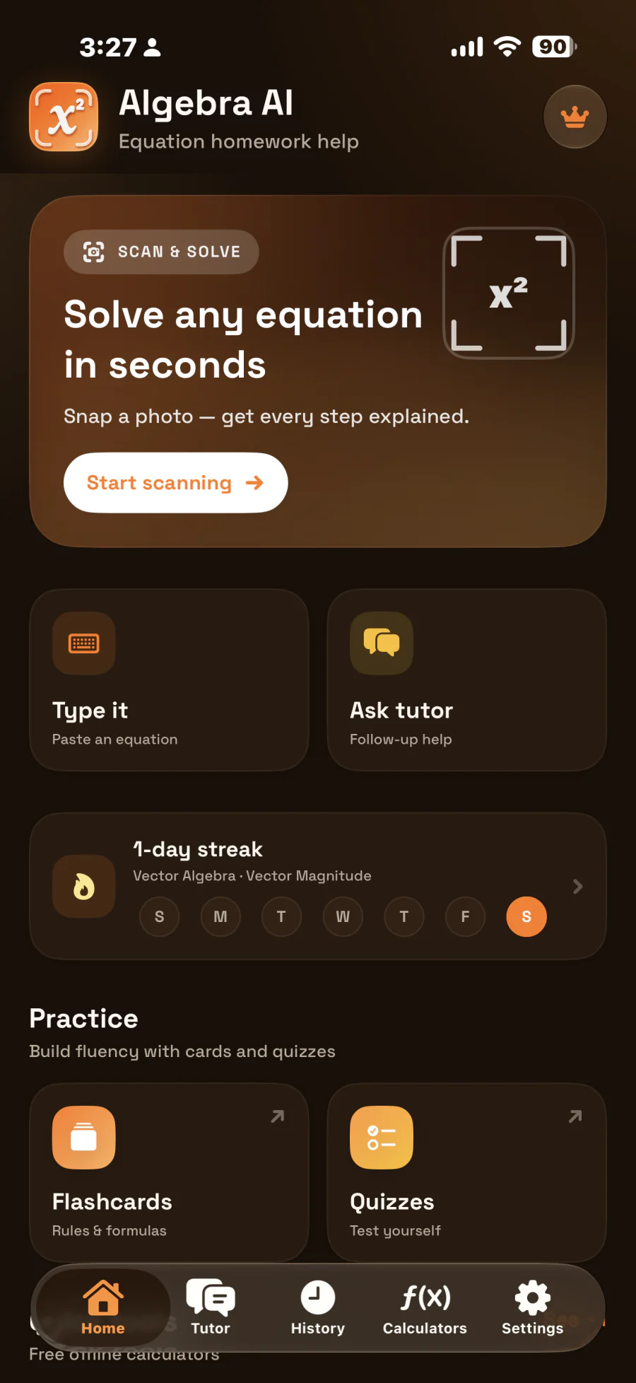 Algebra AI Solver Pro home screen in dark mode