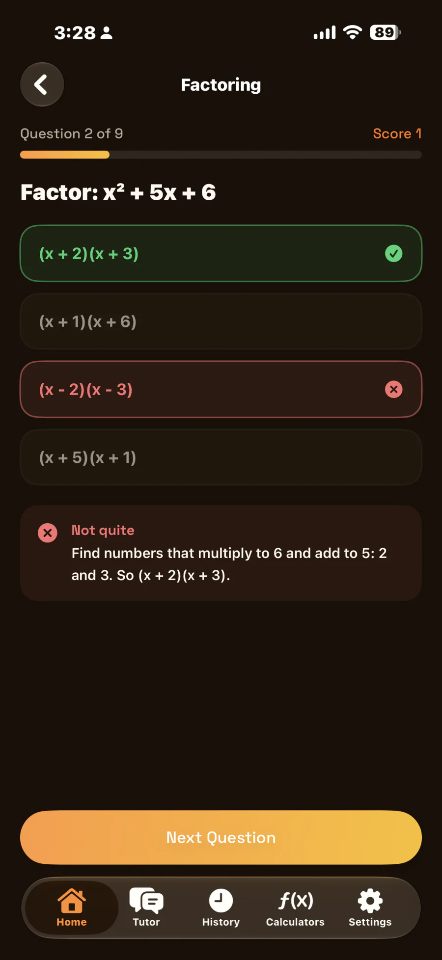 Quiz question screen in dark mode