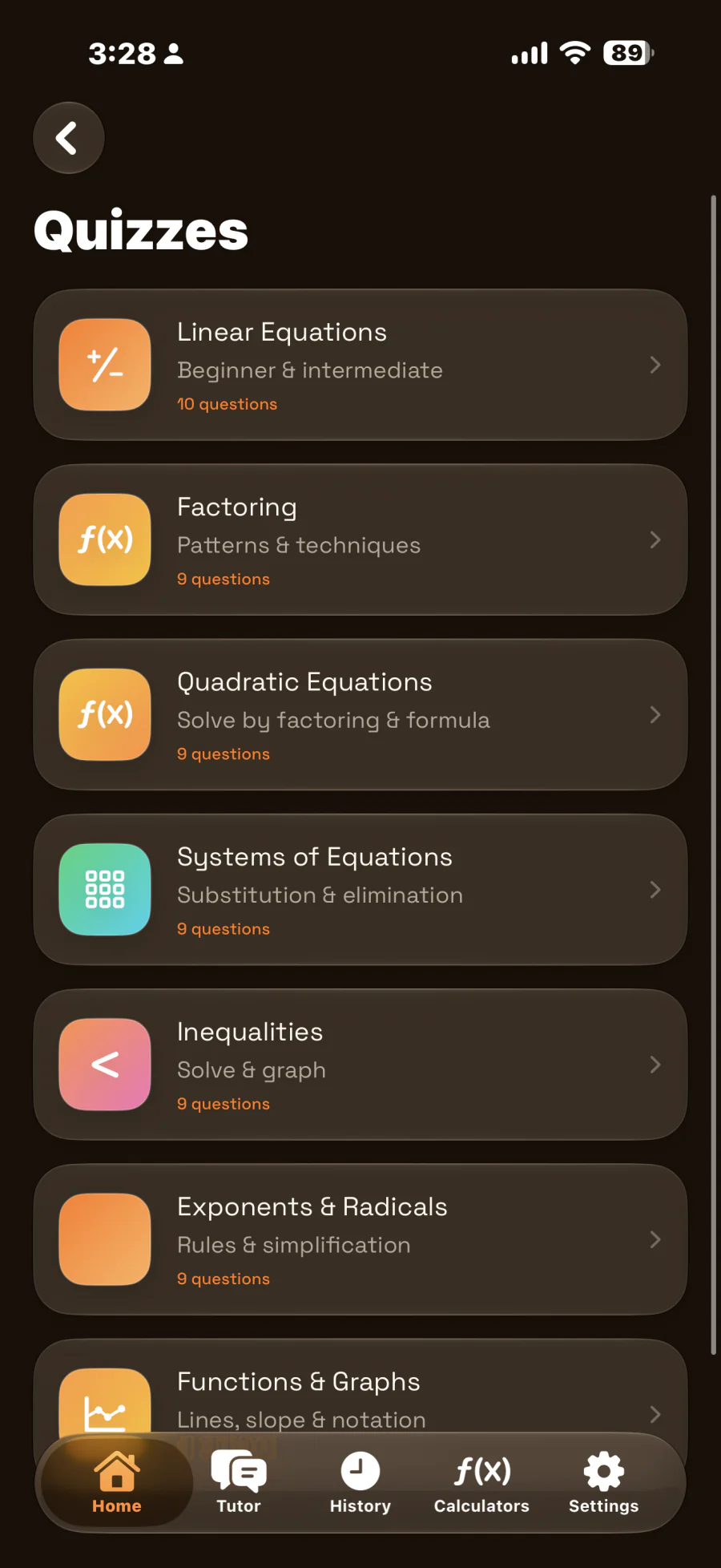 Quizzes screen in dark mode