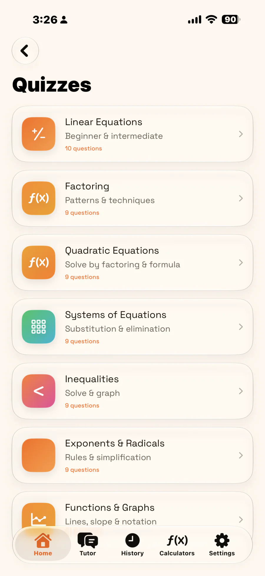 Quizzes screen