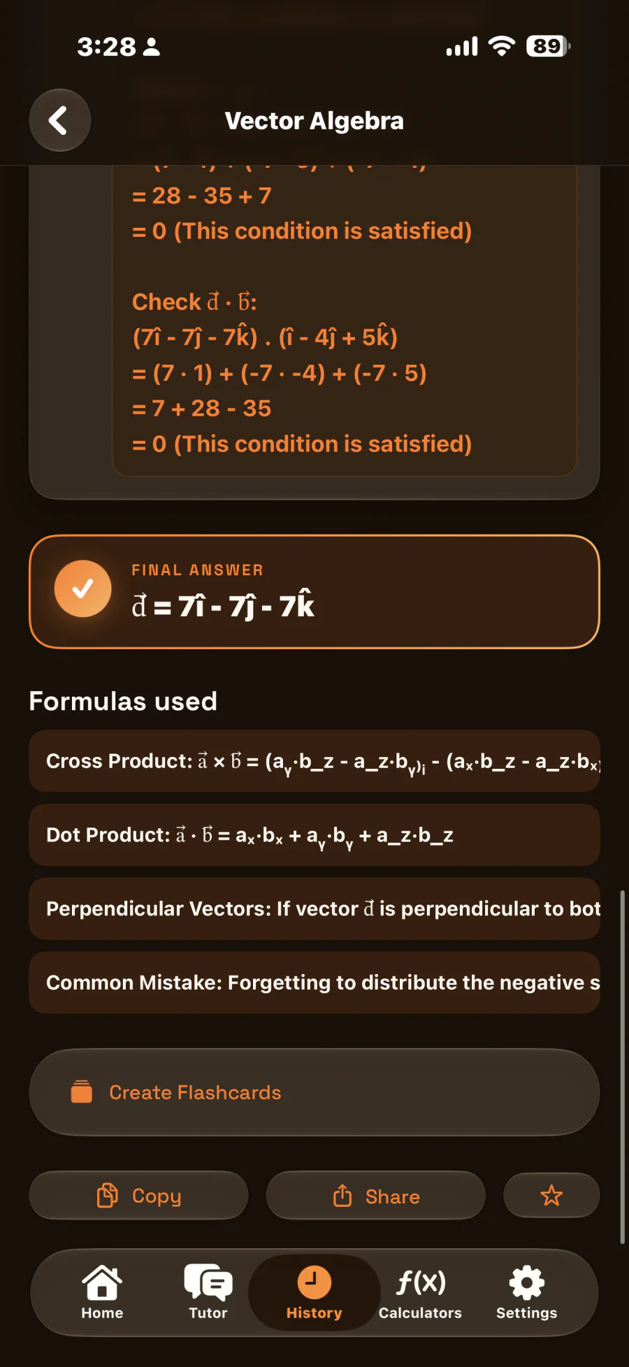 Step-by-step AI solution screen in dark mode