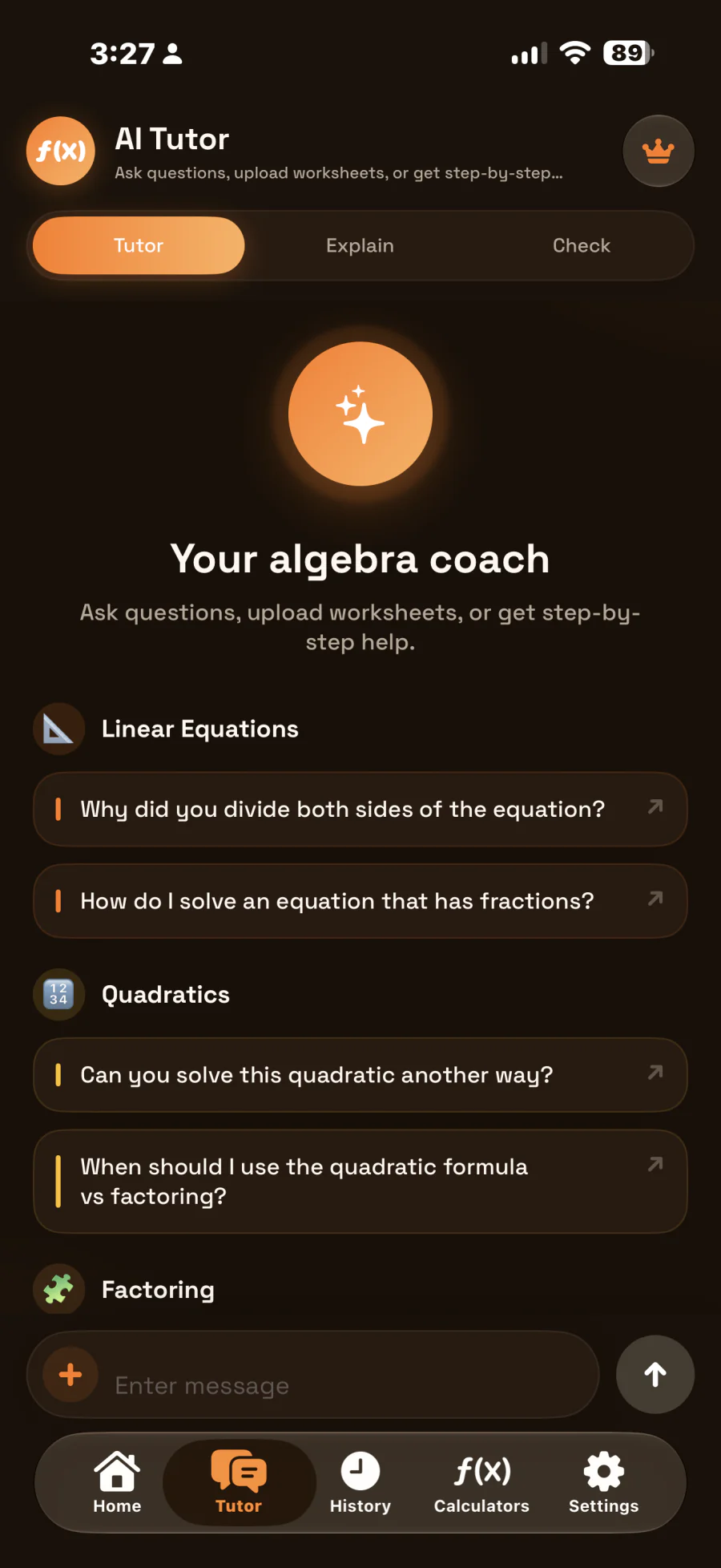 AI Tutor screen in dark mode